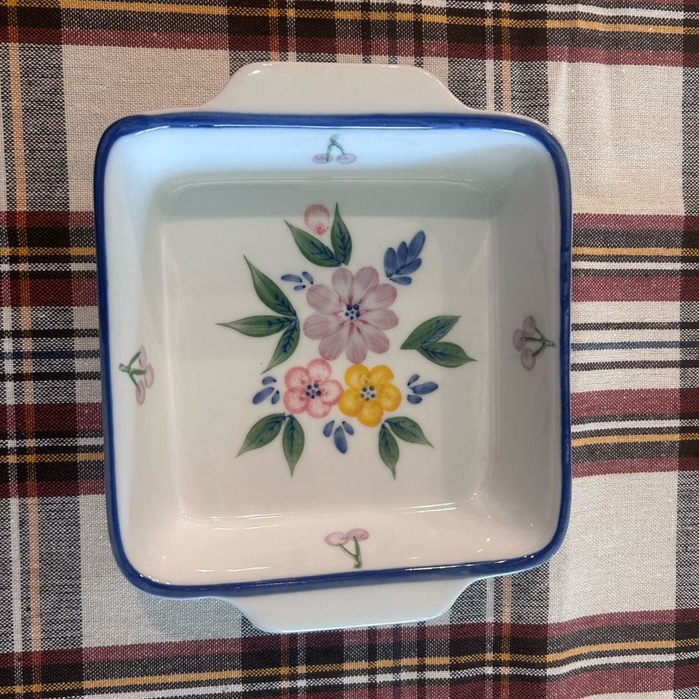 Blue-Trim Floral Ceramic Tiny Baking Dish